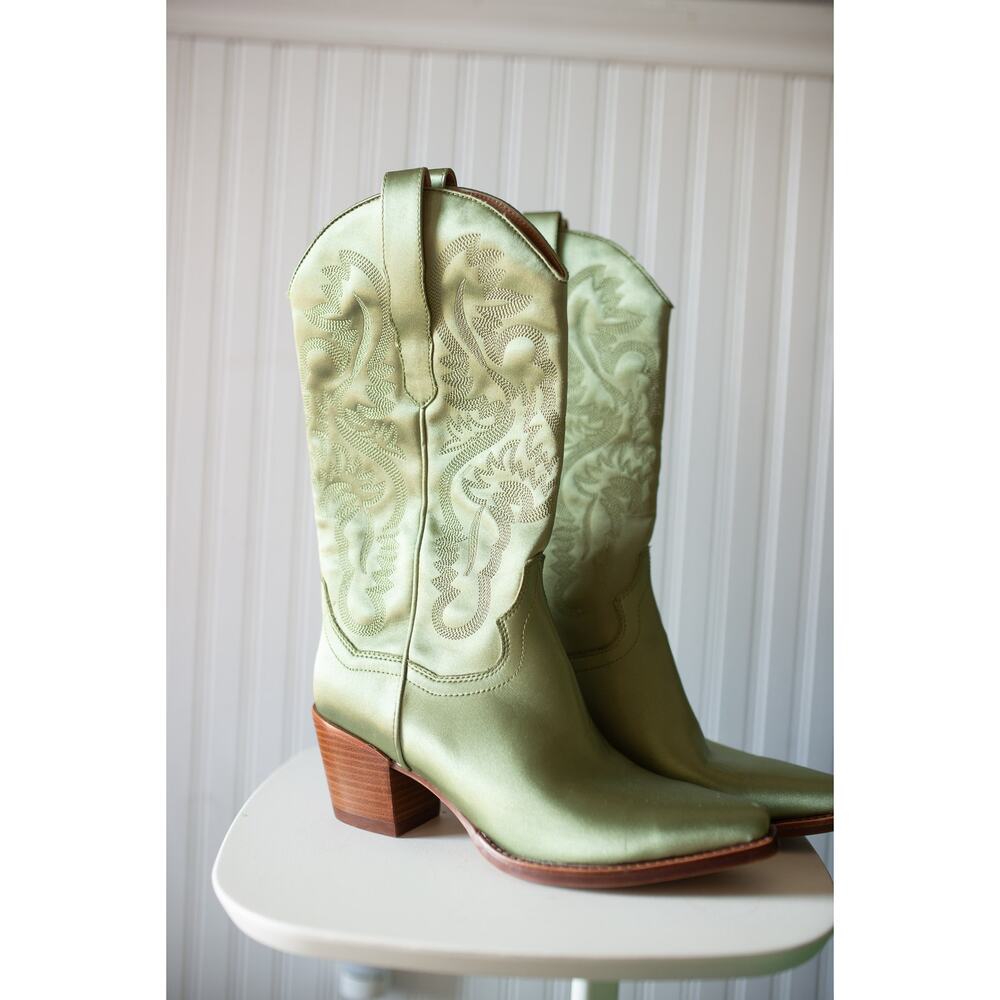Jeffrey Campbell Light Green Satin Cowboy Boots